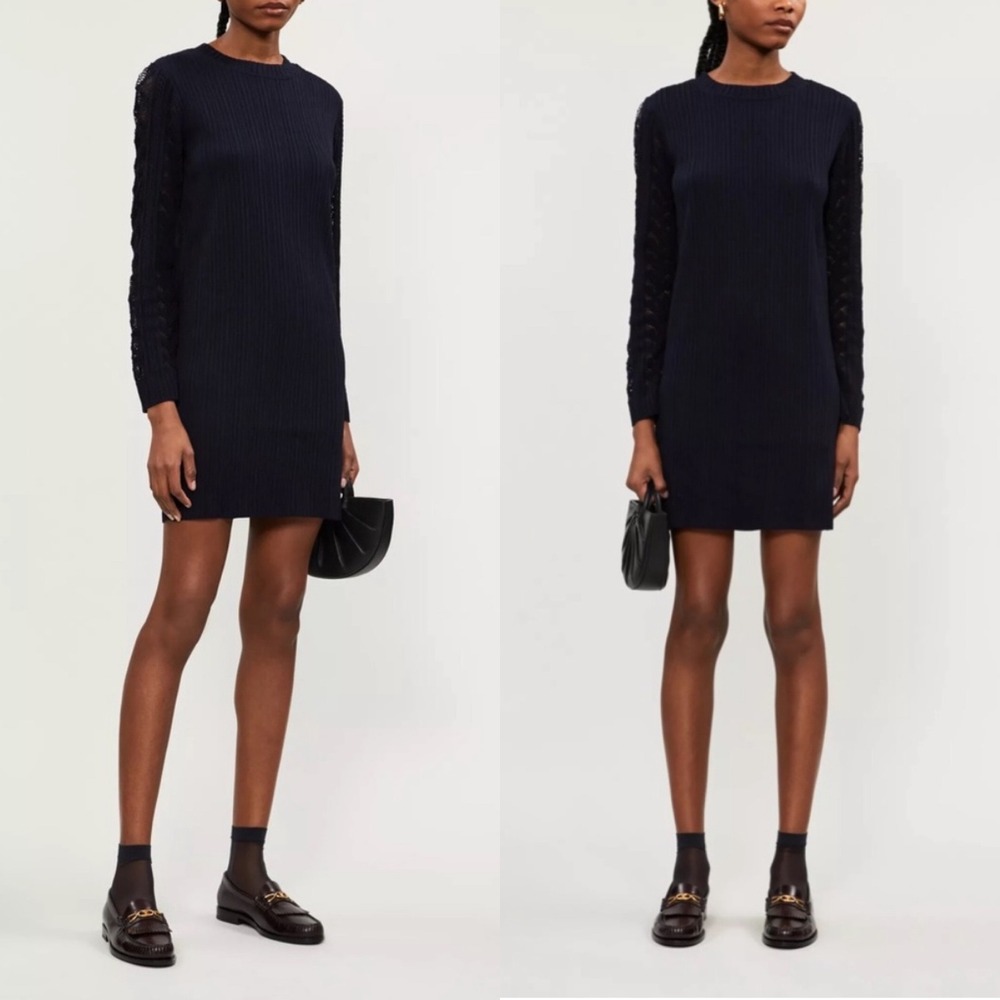 See By Chloe Navy Stretch Ribbed Knit Mini Dress Pointelle Lace Sleeves L